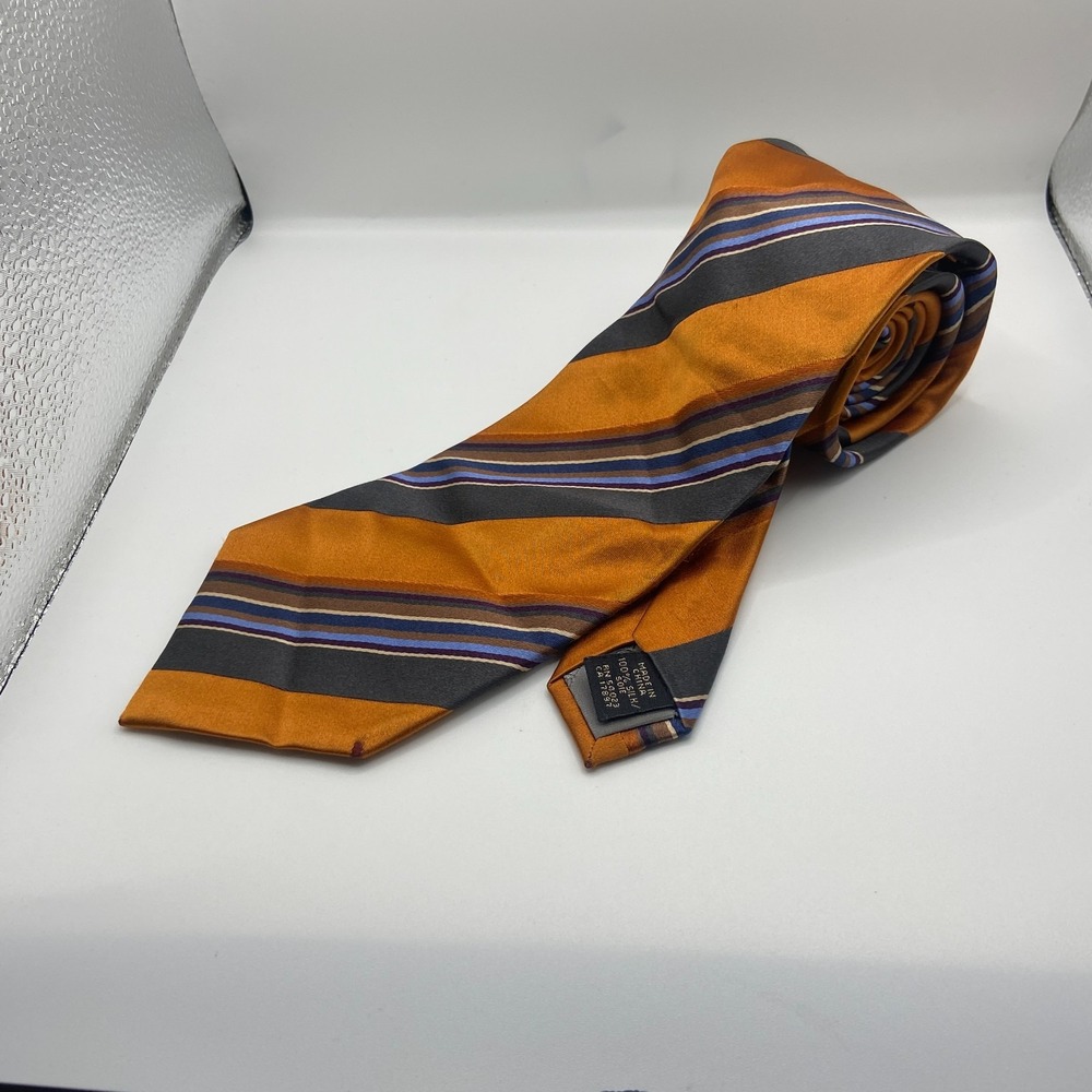 Banana Republic Mens Orange Blue Striped Silk Pointed Formal Adjustable Neck Tie